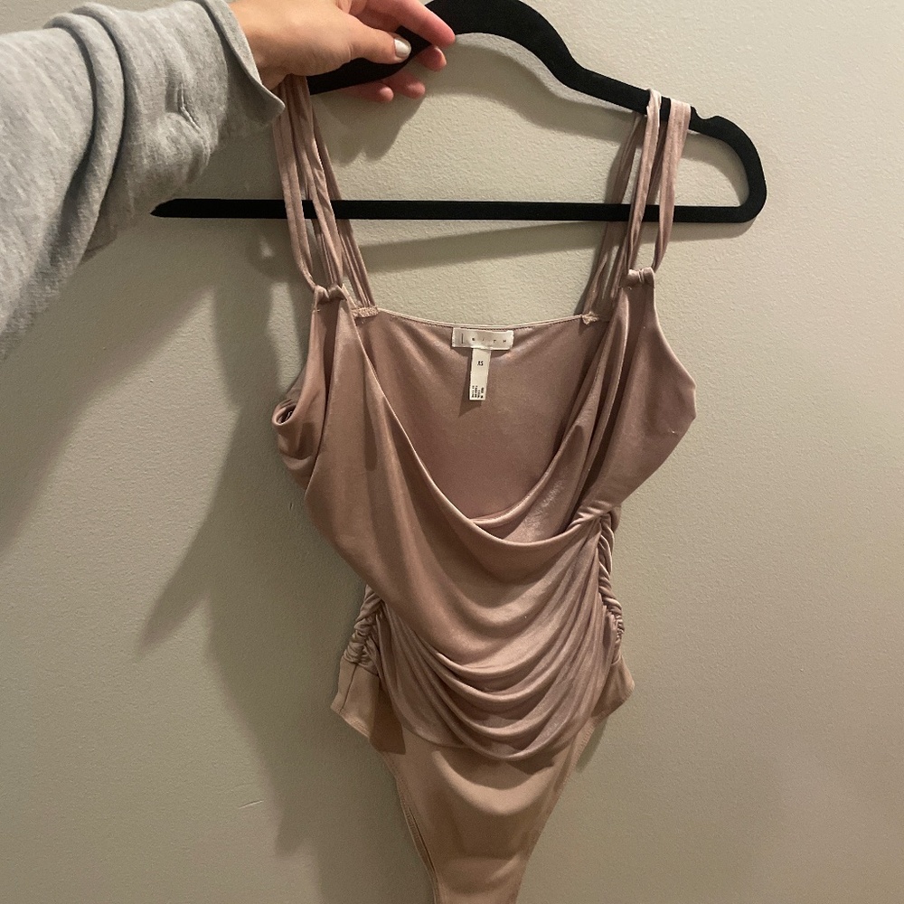 Leith bodysuit size XS tan pink satin silk looking v-neck sexy going out top